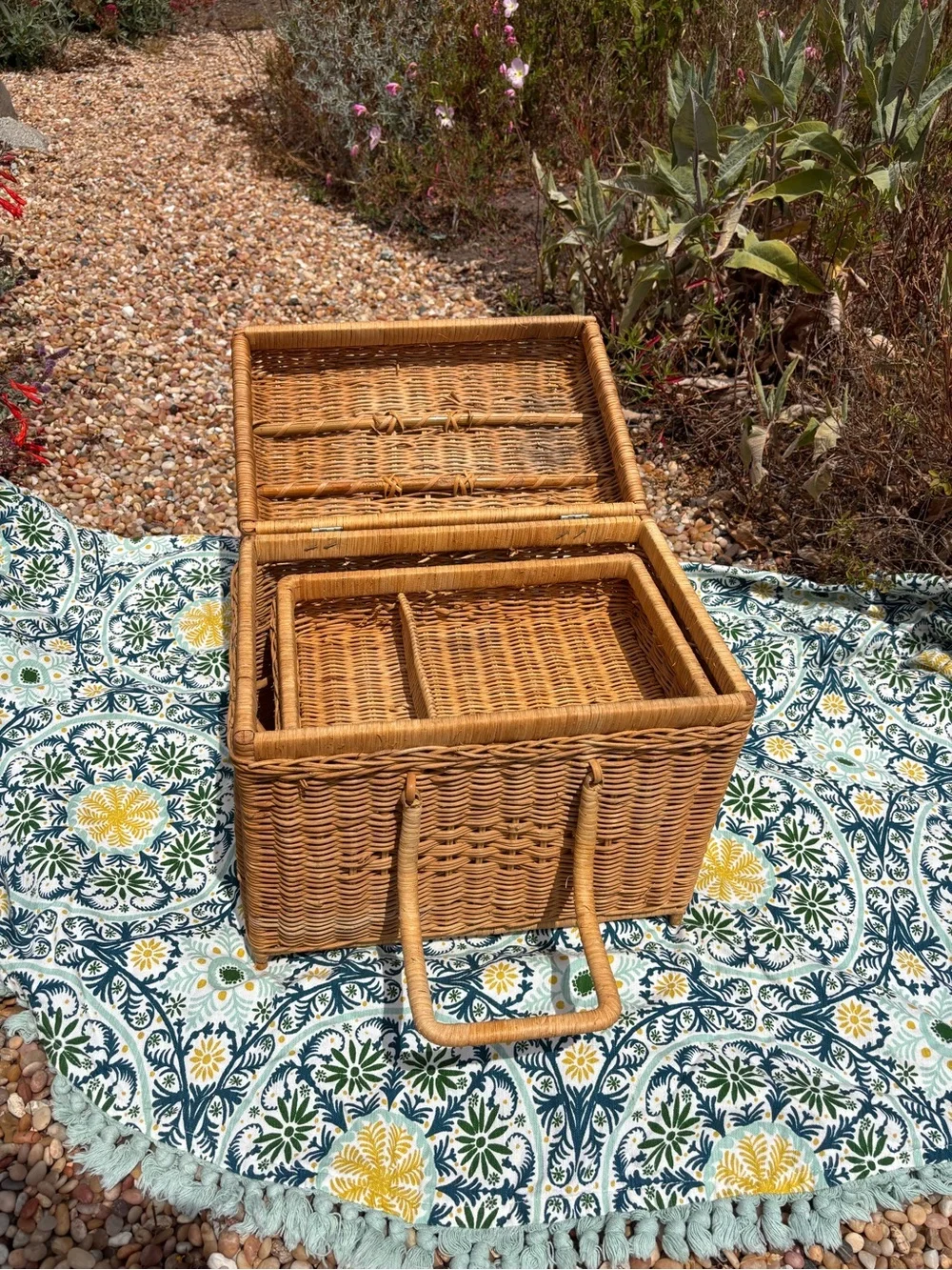 Vintage Wicker Picnic Basket with Locking Handles